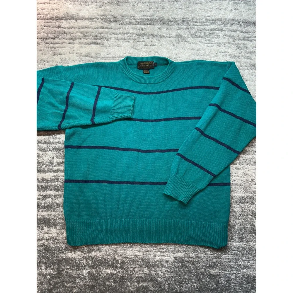 Eddie Bauer Sweater Mens XL Teal Striped VTG 90s Cotton Knit Crewneck Fisherman